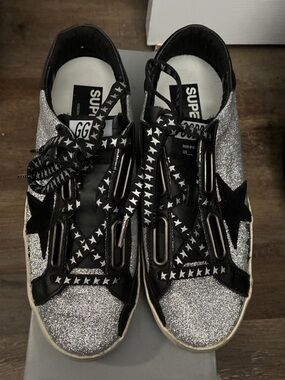 Superga Silver Glitter & Black Star Lace-Up Sneakers
